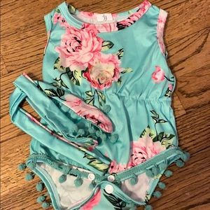 Floral Pom Pom Romper with Headband/Bow